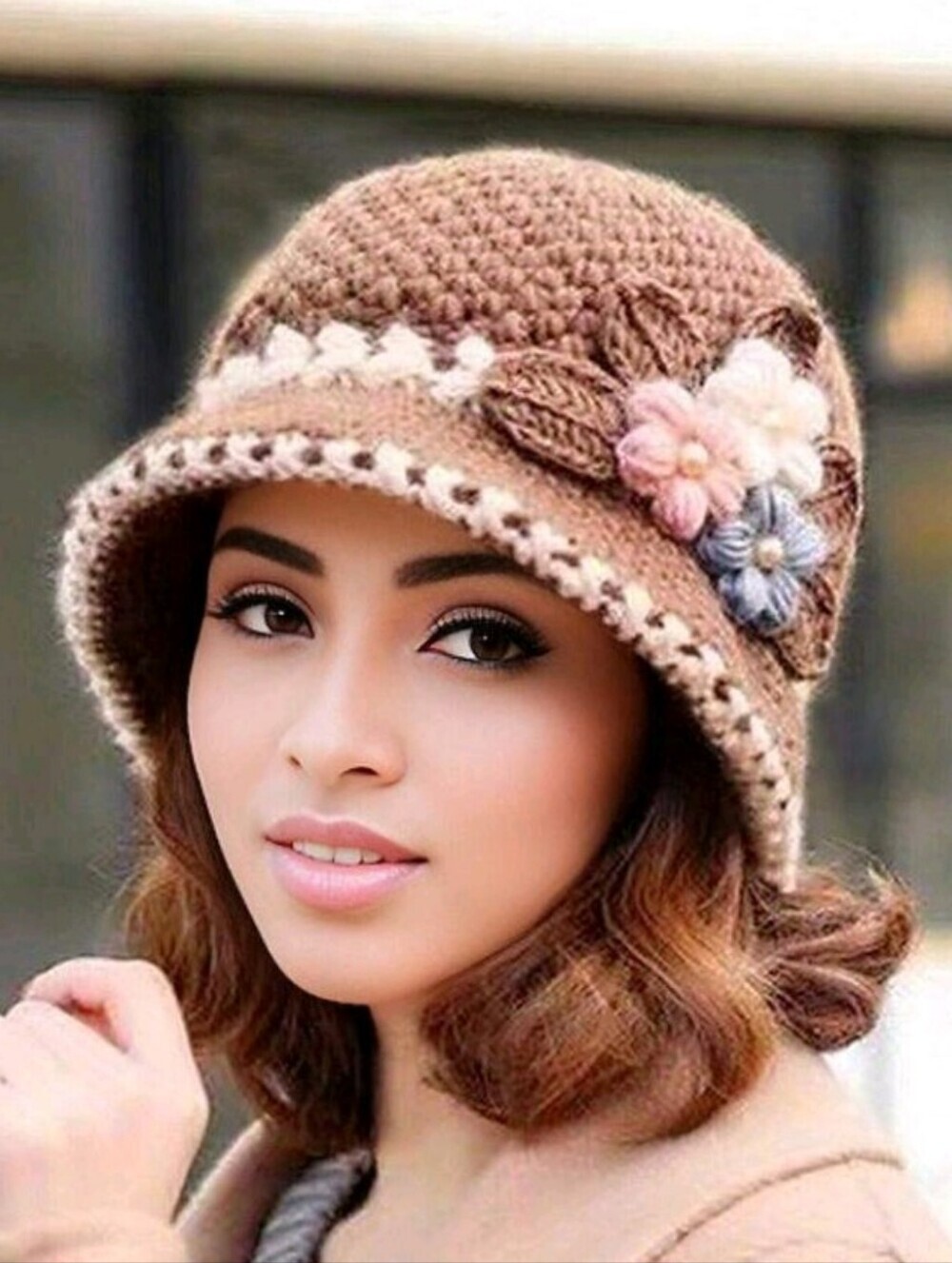 Classic Crochet Brown Floral Bucket Hat Faux Pearl Accents